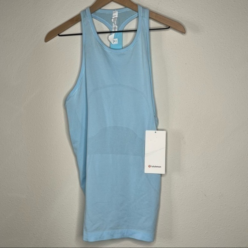 Lululemon Swifty Tech T back top, blue, size 8, NWT